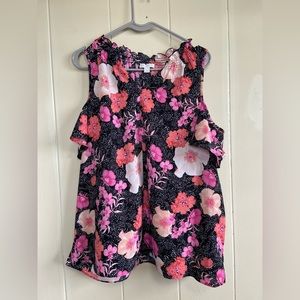 9- CHARTER CLUB Black Ruffle Floral Cold Shoulder Top